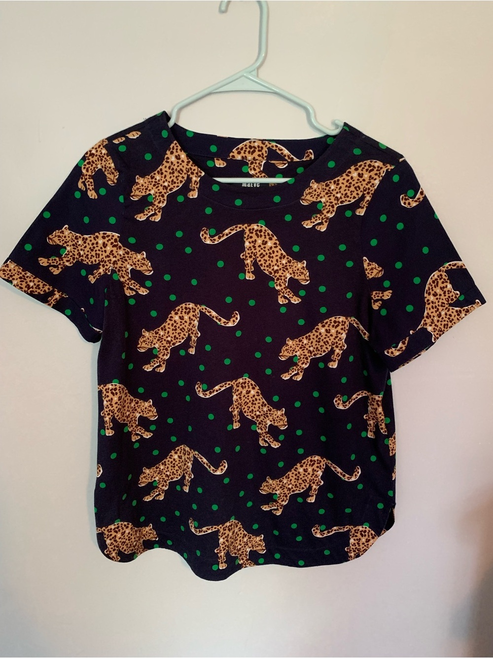 Maeve Black Tee with Leopard Print and Green Polka Dots